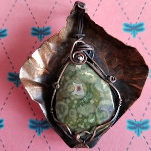Handmade pendant Unusual, large wire wrapped green stone brutalist
